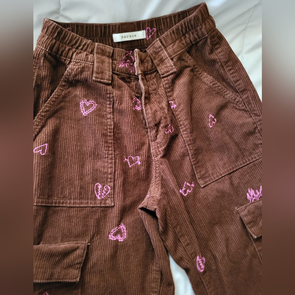 * Pacsun Corduroy‎ Jeans Pink Heart Back To School In Style XS Junior - Picture 7 of 9